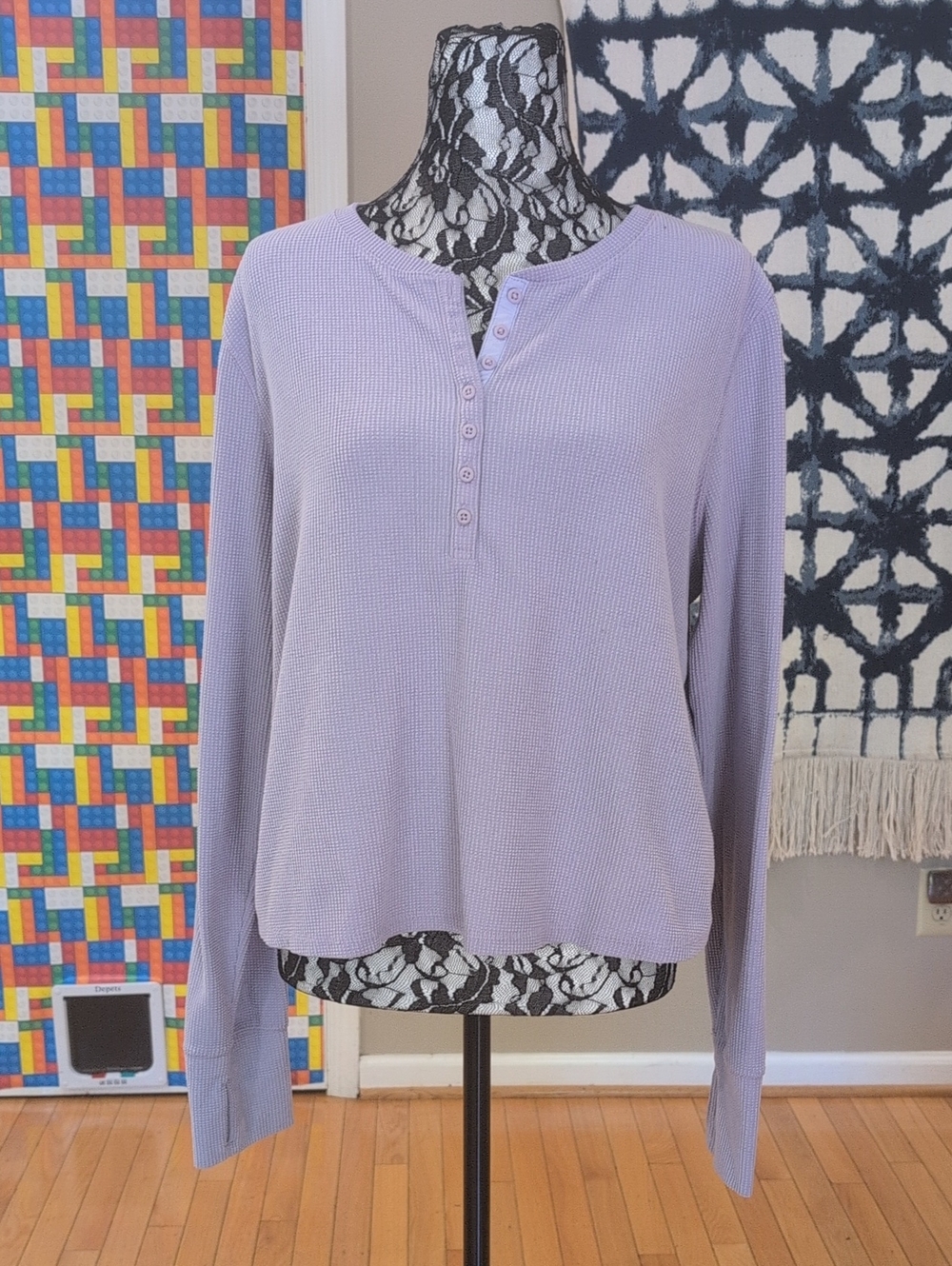 Womens Light Purple Long-Sleeve Henley Top